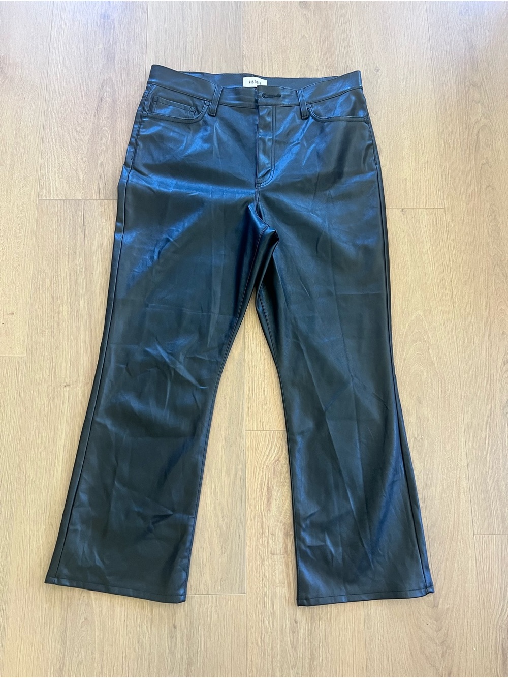Pistola Black Faux Leather Straight Leg Pants Button Front. Size 31